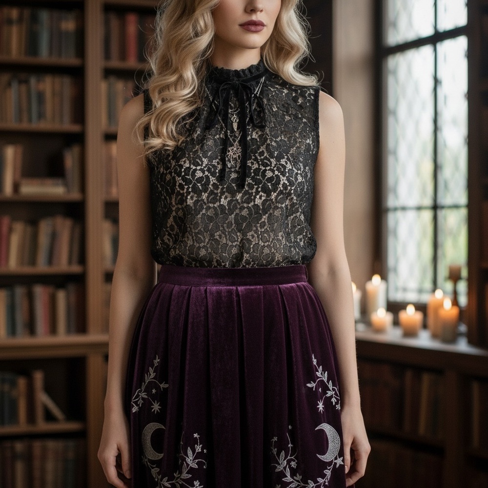 Whimsigoth Victorian Black Floral Lace Mock Neck Velvet Tie Goth Top Medium